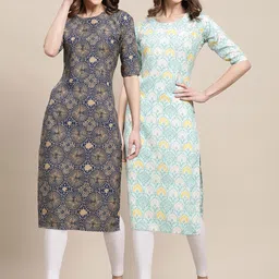 KALINI Women Pack of 2 Beige & Blue Ethnic Motifs Printed Chikankari Crepe Kurta-picture-9