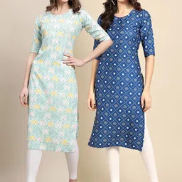 KALINI Women's Crepe Turquoise & Blue Color Ethnic Motif Printed Straight Kurta PACK OF 2-picture-25