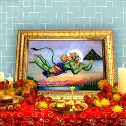 Hawai Gold-Toned & Blue Lord Hanuman with Sanjeevani Parvat Wooden Wall Photo Frame-picture-10