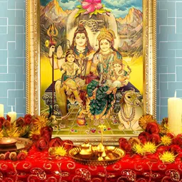 Hawai Gold-Toned & Green Self Design Rectangler Wooden Om Shiva Shiv Parivar Photo Frame-53