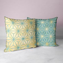 BIANCA Beige & Sea Green Set of 2 Geometric Square Cushion Covers-17