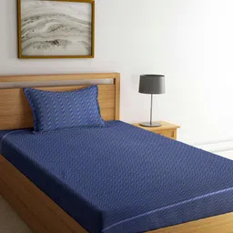 Arrabi Blue & Beige Geometric 130 TC Single Bedsheet with 1 Pillow Covers-image-36