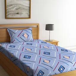 Arrabi Grey & White Geometric 130 TC Single Bedsheet with 1 Pillow Covers-11