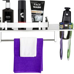 Stainless Steel 3 in 1 Bathroom Shelf Rack/Towel Hanger/Tumbler Holder 15 inch 1 Bar Towel Rod-4