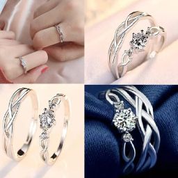 Adjustable Couple Ring for lovers in silver stylish River design Metal Cubic Zirconia Platinum Plated Ring Set-image-89