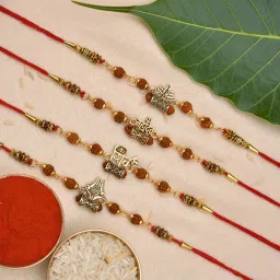 Rudraksh Mahadev Mahakal Trishul Rudraksh Rakhi Set With Greeting Card Mauli Thread Rakhi, Chawal Roli Pack, Greeting CardSet-1