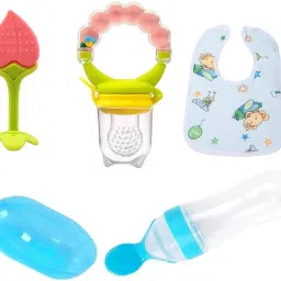 Baby combo of 5pc, Spoonfeeding with teether, Rattle Nibbler, brush with bib Feeder-24