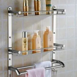 Stainless Steel Multi-use Rack / Bathroom Shelf / Kitchen Shelf / Bathroom Stand / Bathroom Rod / Bathroom Accessories Stainless Steel Wall Shelf Color: Silver Suitable Silver Towel Holder-56