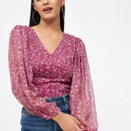 Casual Bishop Sleeve Floral Print Women Pink Top-image-48