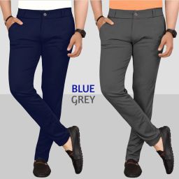 Pack of 2 Men Slim Fit Blue, Grey Lycra Blend Trousers-image-116