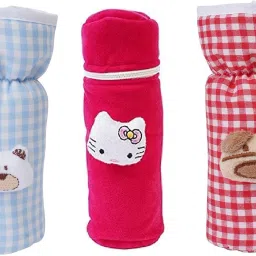Soft Cotton Stretchable Baby Feeding Bottle Cover With Easy To Hold Strap For Newborn/Toddler Babies- Cute Attractive Teddy Cartoon With Over All Check Print | Medium (130-250 ML)-Pack of 3-10