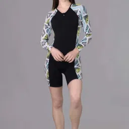colourblocked full sleeves legsuit with zipper for women Geometric Print Women Swim-dress Black Swimsuit-image-13