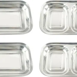 Stainless Steel 2 in 1 Rectangular Two Compartment Nasta/Dinner Plate 9inch Mess Sectioned Plate-image-33