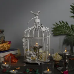 White Bird Cage Lantern with Floral Vine Small Single, with hanging chain White Metal Hanging Lantern-image-24