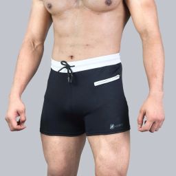 men's black swimming trunks with contrast white waistband Solid Men Swim Bottom Black Swimsuit-image-81