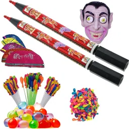 (2 Pichkari + 3 Magic Balloon + 10 Holi Cap + 100 Water Balloon + 1Joker Mask) Water Gun-image-88