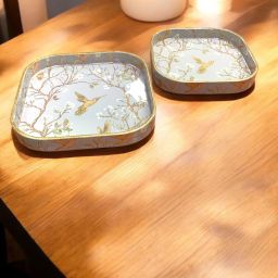 Set of 2 Silver Bird Design Serving Tray for Festive Gifts 9X9 & 8X8 Inch Tray-image-2