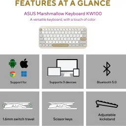 ASUS Marshmallow KW100 Bluetooth Laptop-size Multi-device Keyboard Compatible with Desktop, Laptop, Mac Supports Up to 3 Devices, 1.6Mm Key Travel, Scissor Keys, Compact & Lightweight image 2