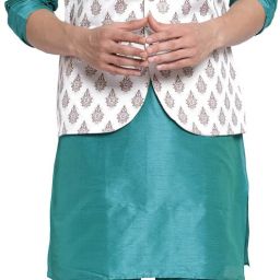 Men Dupion Silk Kurta Pyjama Ethnic Jacket Set-image-5