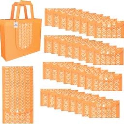 Pack of 48 Smile Print Foldable Grocery/Shopping Bags For Women | Orange Pack of 48 Grocery Bags-image-25