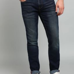 Men Slim Mid Rise Dark Blue Jeans-image-96