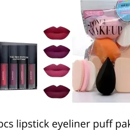 grasp Makeup Combo set of 4 Lipsticks, 6Pcs Sponge puff, Yanqina Eyeliner-32