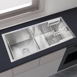 High grade Stainless Steel Double Bowl Handmade Kitchen Sink with Accessories 304 Grade Stainless Steel Handmade Kitchen Sink With Drain Rack (37x18 Inches) Vessel Sink-image-86