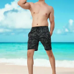Brauch Men Black & Olive Leaf Print Mid-Rise Swim Shorts Printed Men Swim Bottom Black, Green Swimsuit-image-6