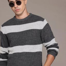 Men Striped Round Neck Grey Sweater-image-63
