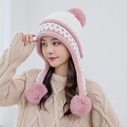 Cute warm soft fur inside with earflap three pom-pom knitted women winter cap Woven Beanie-14