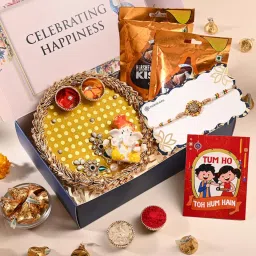 Religious Kundan Flower Rakhi, 2 Chocolate Pack, Yellow Flower Tika Thali, Ganesha Idol Assorted Rakhi, Thali Set-picture-6