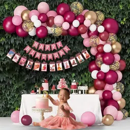 party midlinkerz 64 Pcs Burgundy Pink Balloons 1st birthday decoration with monthly Photo banner-picture-27