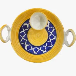 YELLOW COLOR KADAI SHAPED PLATTER WITH ATTACHED BOWL FOR SERVING SNACKS SET OF 1 Chip & Dip Tray-image-36