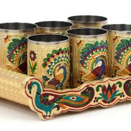 Lemon Set Meenakari Tray WIth Handle Serving Tray Set Glass Tray Set-9