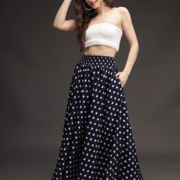 Women Relaxed, Flared Dark Blue, White Viscose Rayon Trousers-image-56