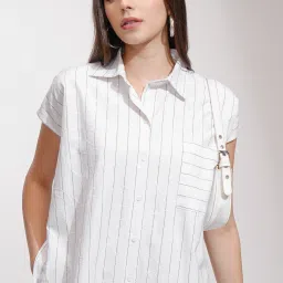 Women Regular Fit Striped Cut Away Collar Casual Shirt-image-47