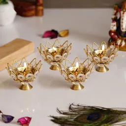 Set of 4 Golden Lotus Flower Shape Crystal Brass Designer Diyas for Puja Room Brass, Crystal (Pack of 4) Table Diya Set-image-21