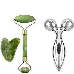 The Moon Impex Jade Roller Face Massager With Gua Sha,Improves Skin Elasticity Massager 3D Roller Massager 3D Roller Face and Body Massager (Silver) Massager-17