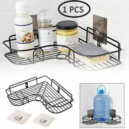Afrodite Self-Adhesive Modern Metal Bathroom Storage Corner Rack, Shampoo Holder Iron Wall Shelf-image-51