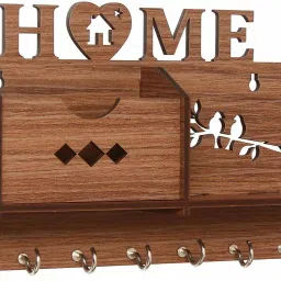Home Side Shelf-Brown Wall Shelves Wooden Shelf, Keyholder (with 7 Keys Hooks) Wood Key Holder-image-95