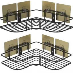 Pack of 2 Metal Corner Shelfs Racks for Bathroom Kitchen with 8 Magic Stickers Iron Wall Shelf-image-57