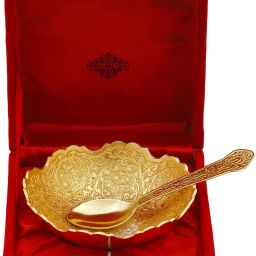 Silver Plated Gold Polished Embossed Flower Design Set Bowl Spoon Serving Set-12