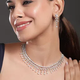 Rubans Rhodium-Plated White Ad & Cubic Zirconia Studded Premium Necklace Jewellery Set-image-82