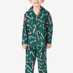 Hippodrome Kids Pure Cotton Green & White Christmas Candy Printed Night suit-46