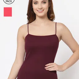 Floret Women Set Of 2 Burgundy & Red Solid Cotton Camisoles-79
