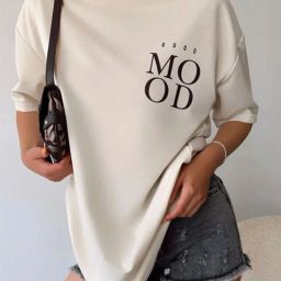 Women Graphic Print Round Neck Cotton Blend Beige T-Shirt-image-3