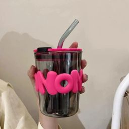 Trendy Transparent Sipper Tumbler With Straw And Pink HOHOHO Silicone Grip Glass Tumbler-image-56