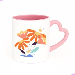 Colorful floral design, tea cup for nature lover, daughter (Pink Heart Handle) Ceramic Coffee Mug-image-45