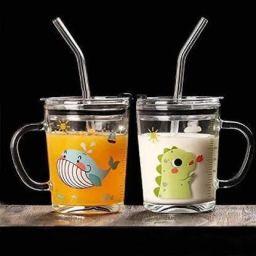 (Pack of 2) Juice, Milk mug, (400 ml) with Straw and Plastic Lid (Pack of 2) Glass Tumbler Glass Set Water/Juice Glass-image-83