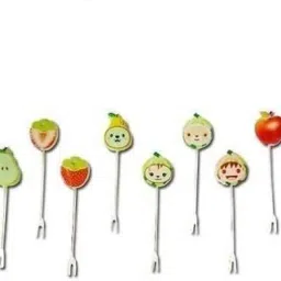 Fruit Fork Colour rings design fruit fork stand with 8 cartoon shapes fruit fork for party, dining table decor and gift item's Stainless Steel Fruit Fork Set-33